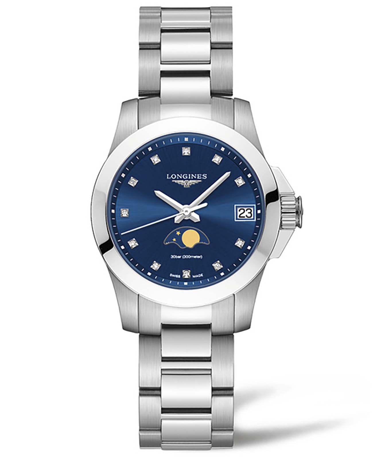 Longines Longines Conquest L3.380.4.97.6  L33804976 кварцевые женские часы синий циферблат, браслет нержавеющая сталь — вид спереди